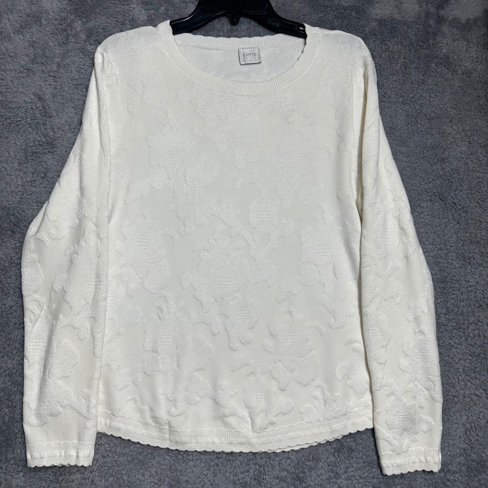 Cupio Floral Jacquard Sweater Women Large Cream White Long Sleeve Crewneck Pullo